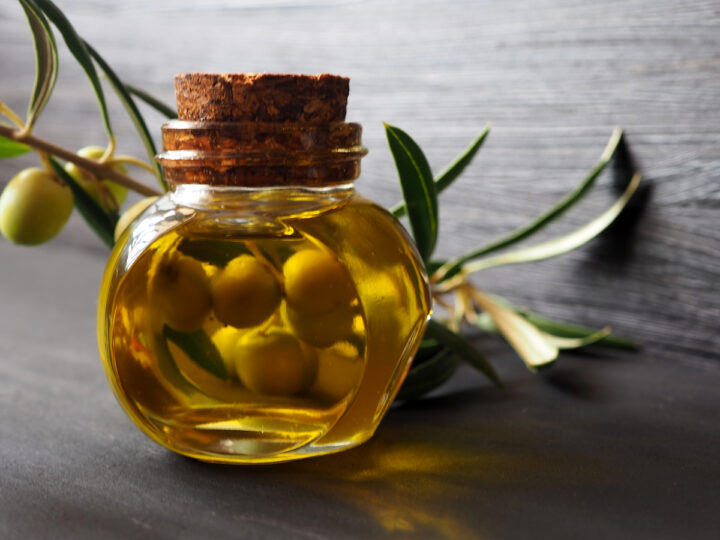 A strangely shaped bottle of olive oil